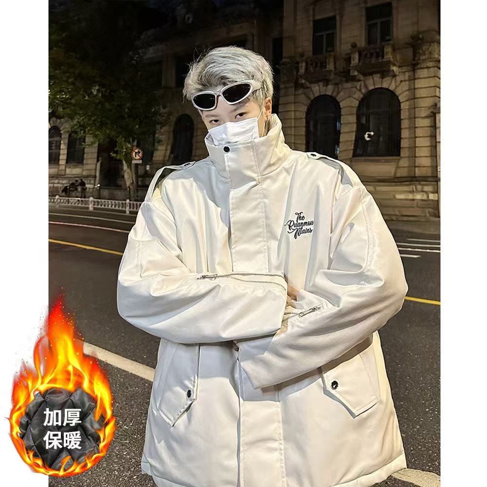 二棉pu皮棉服男冬季美式高街棉衣外套oversize小众立领情侣款棉衣