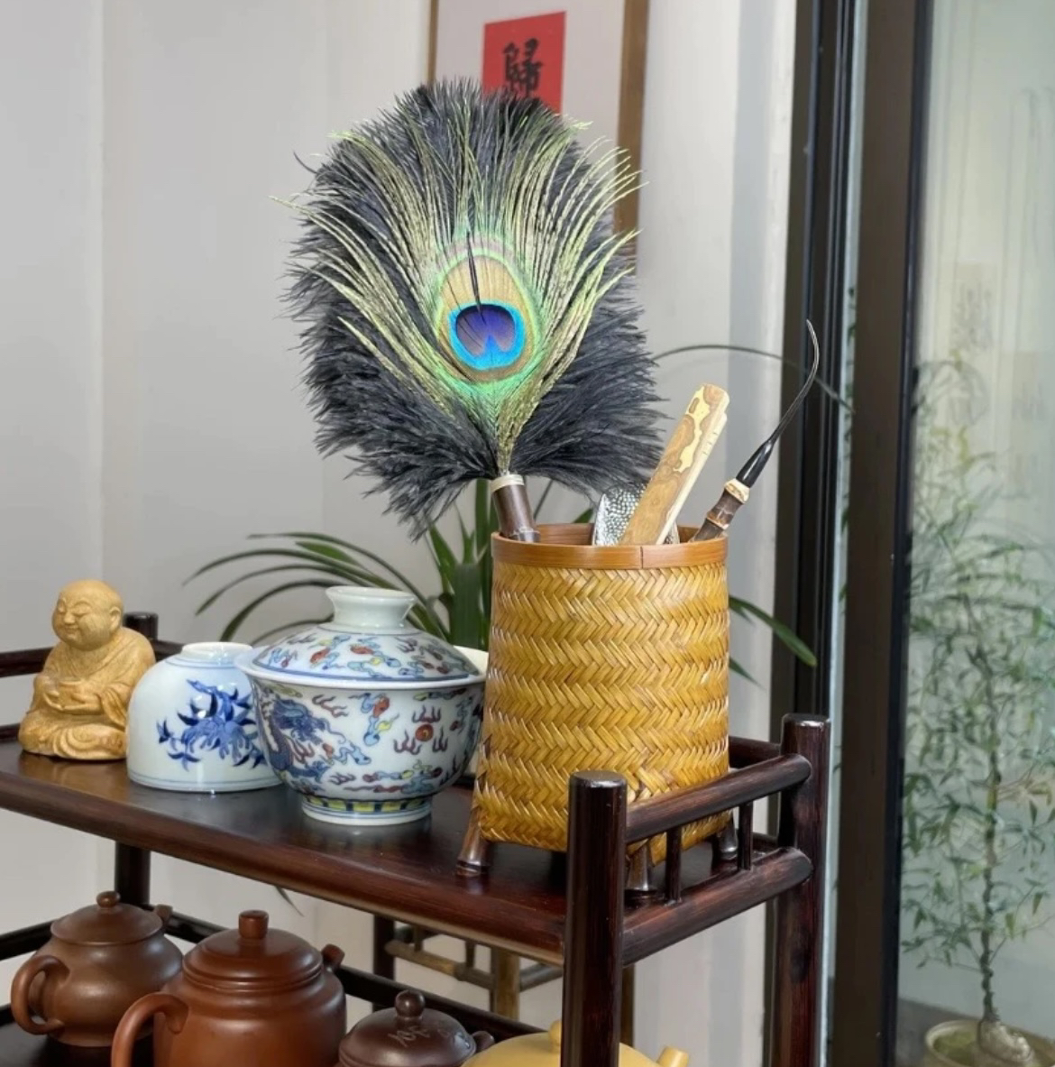 孔雀羽竹根浮尘手工家用个性工艺品高档