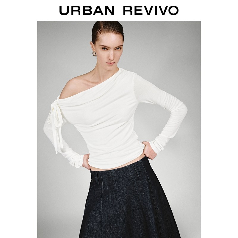 UR2026春季新款女装魅力设计感斜肩绑带修身长袖T恤UWG460001