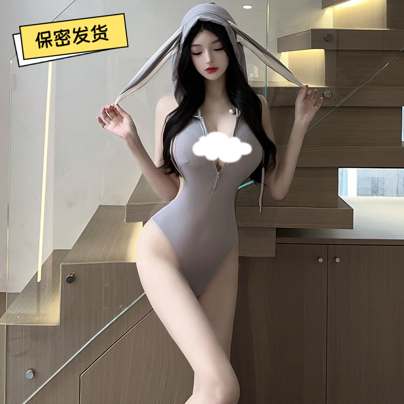 性感拉链睡衣小灰兔可爱露背紧身翘臀毛球暗扣连体衣套装纯欲风