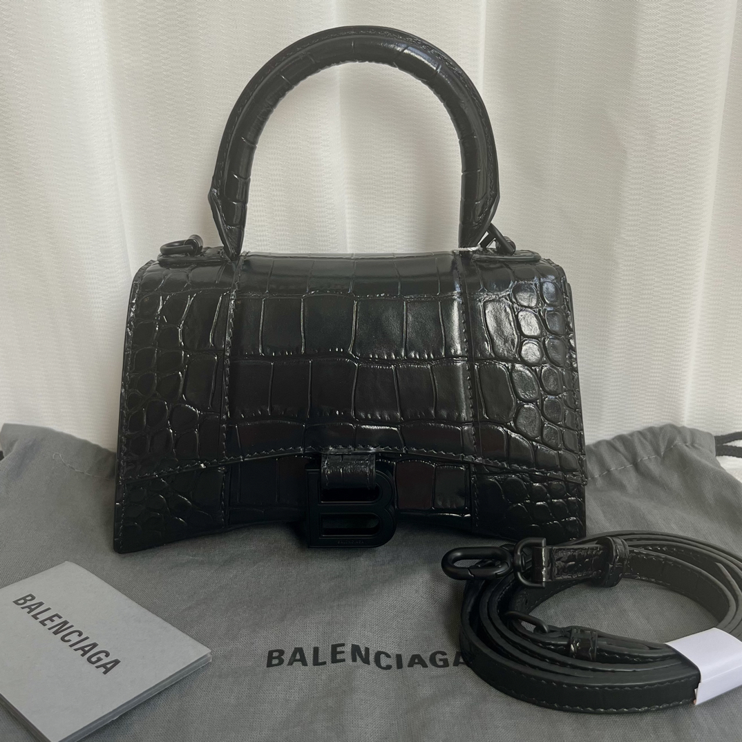 99新 Balenciaga/巴黎世家 黑色沙漏鳄鱼压纹单肩手提斜挎包