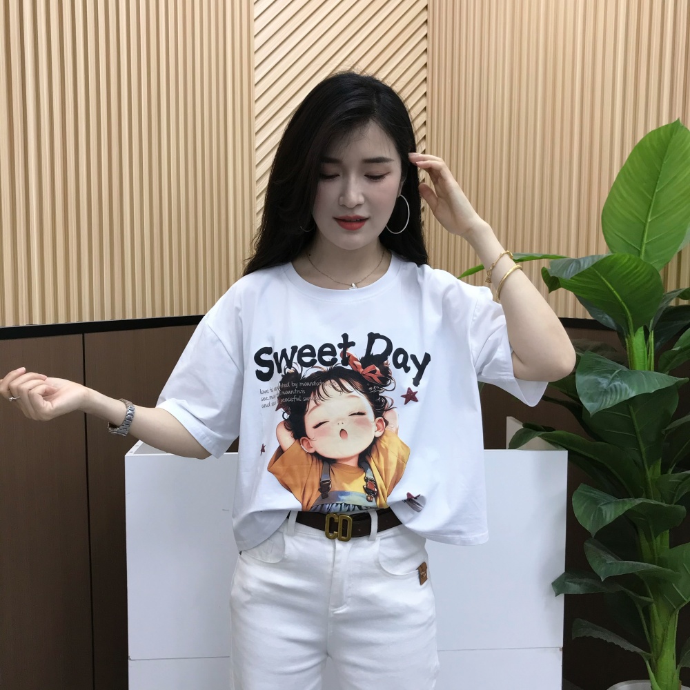高端欧货2025新款圆领印花字母卡通立体装饰短袖T恤女夏短款上衣