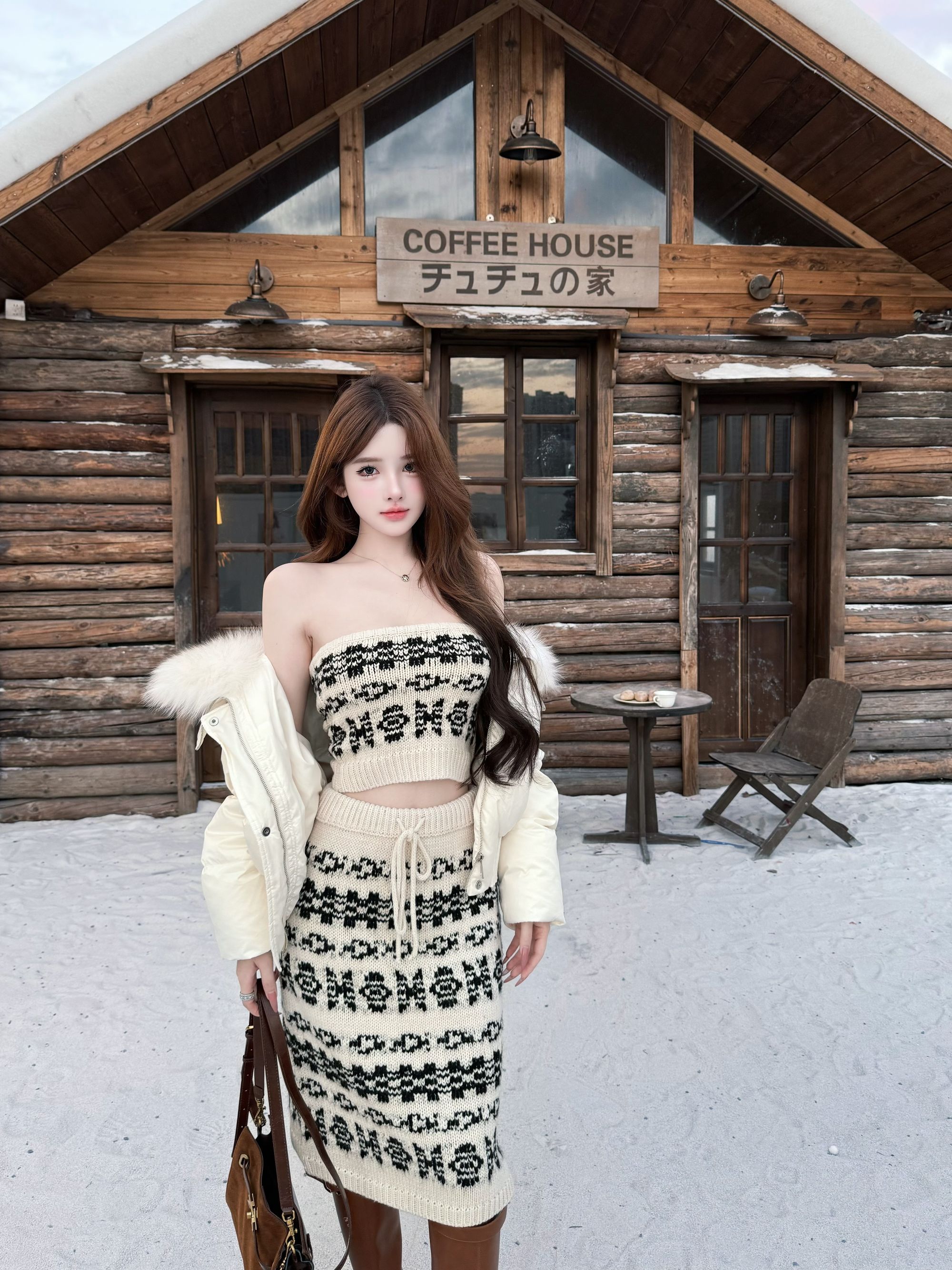 TUTU【费尔岛情书】羊毛/针织提花修身显瘦抹胸半身裙套装#TZ1598