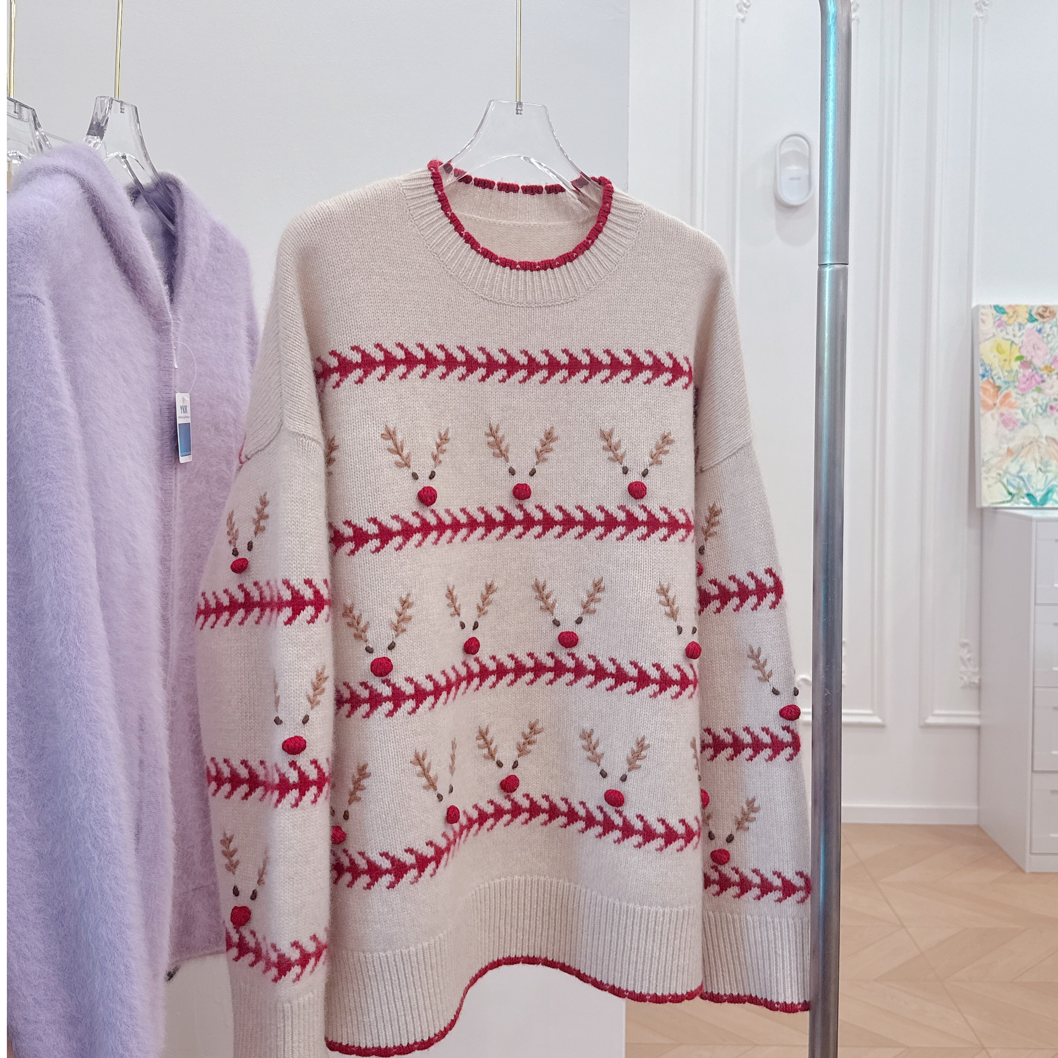 25新品红色小鹿手工山羊绒气质手工刺图案毛衣超厚套头燕麦复古