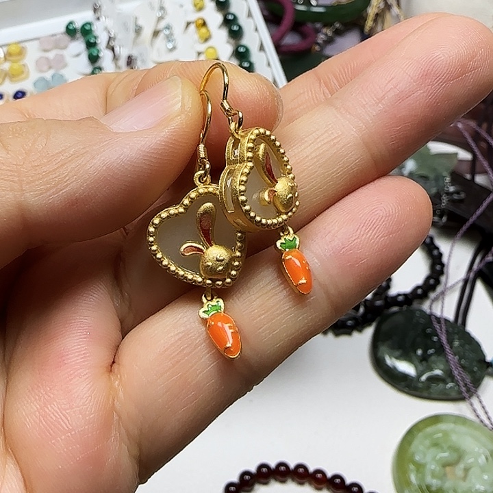 糖***y和田玉银S925镶嵌耳饰