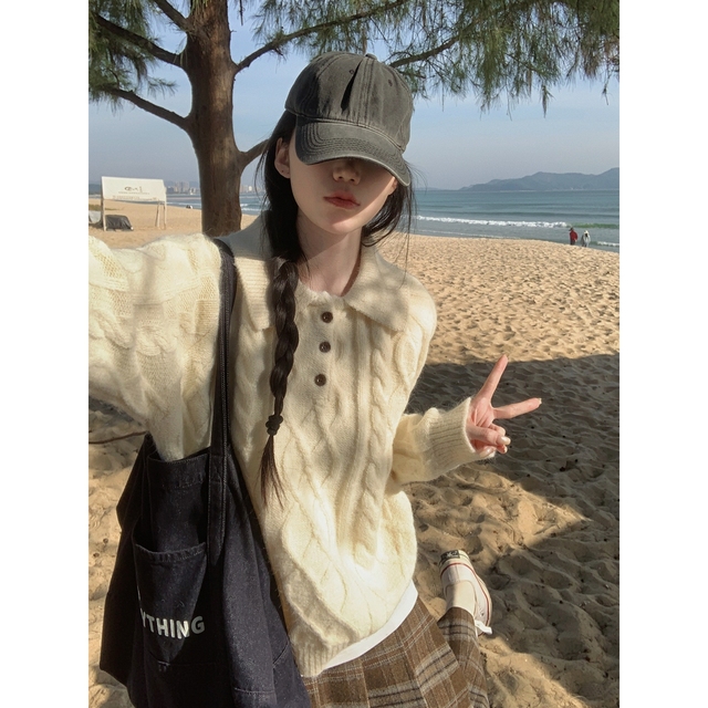 圣诞氛围感毛衣新年红Polo翻领麻花针织衫秋冬慵懒加厚内搭上衣女
