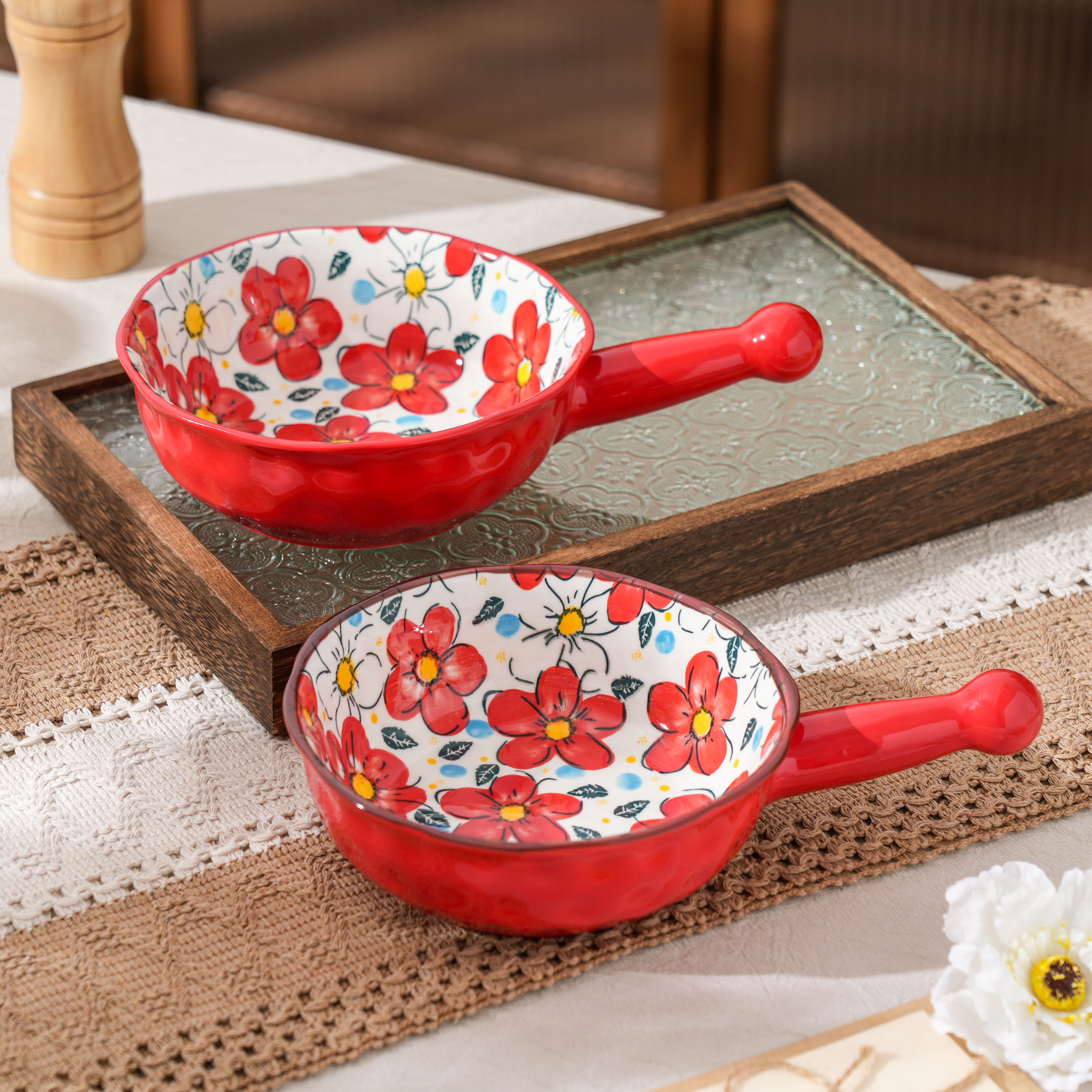 【美森专属】（两个装）半夏-手锤纹汤碗手把碗（一红一棕）