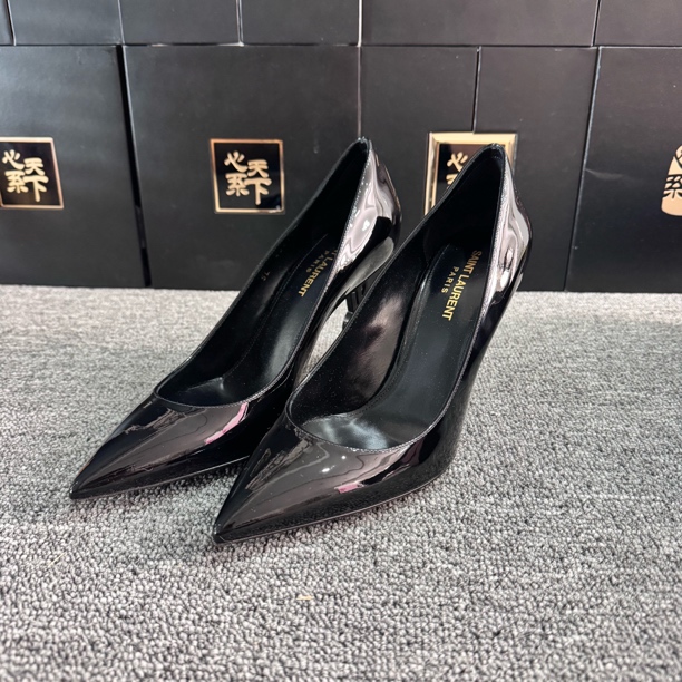 99新 YSL/圣罗兰 Opyum漆皮尖头异形高跟鞋38.5码全套ysc0854