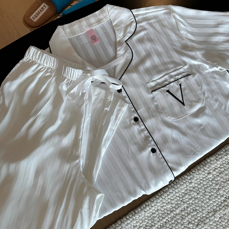 时梦也【V密短袖长裤】V密明星同款水光绸提花丝滑睡衣女短袖家居服