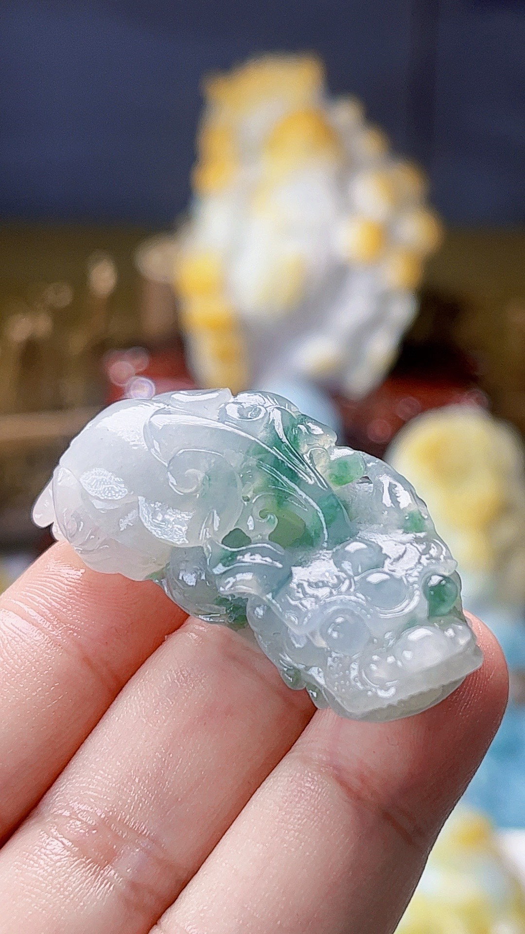 【新春好物】天然缅甸翡翠冰飘绿花貔貅毛货买断需抛光尺寸45-20-15