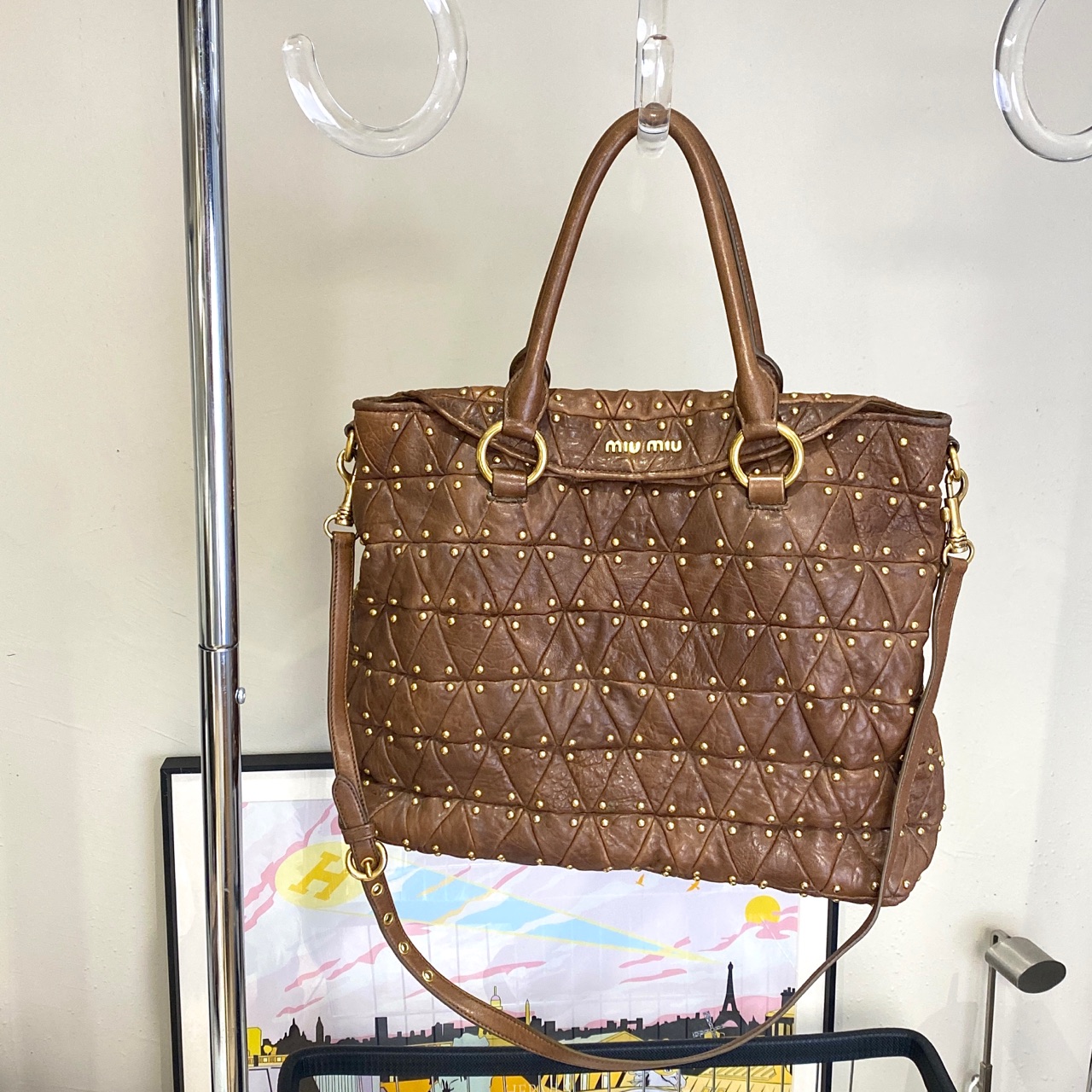 95新 MIU MIU/缪缪 MiuMiu棕色中古手提斜挎包
