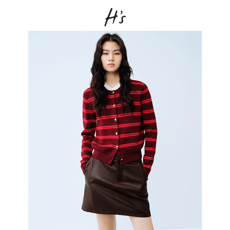 HS红色条纹针织开衫女26春新款高级设计感撞色可拆卸领毛衣上衣