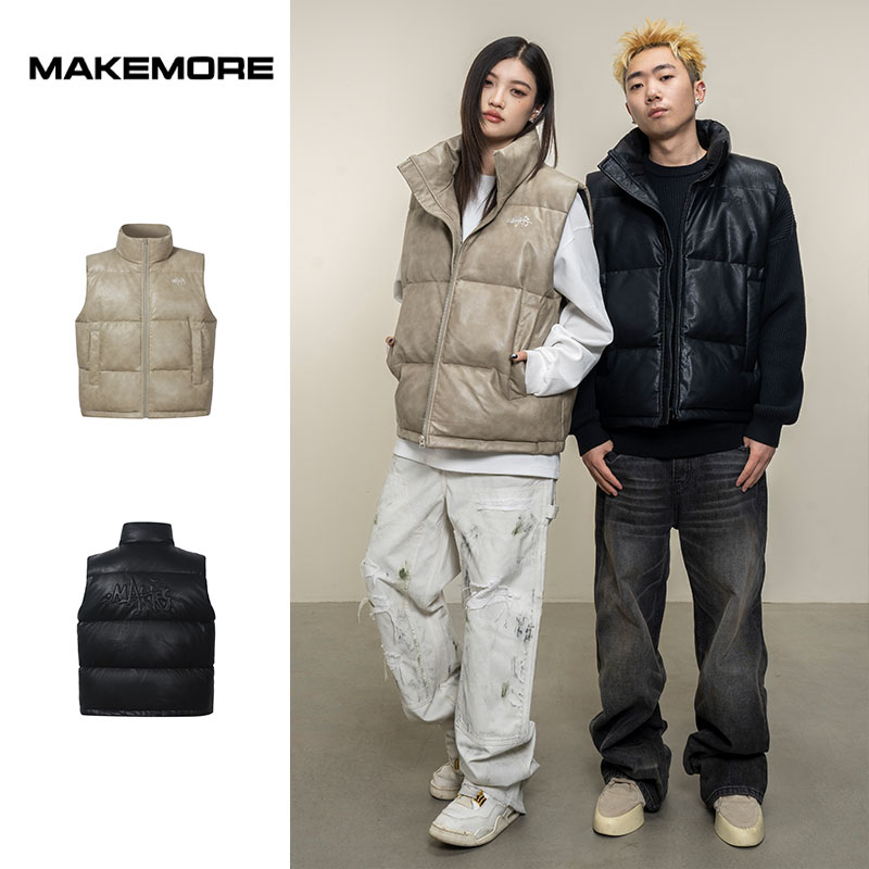 Makemore羽绒服{pu皮马甲}重磅质感白鸭绒立领复古休闲外套情侣潮