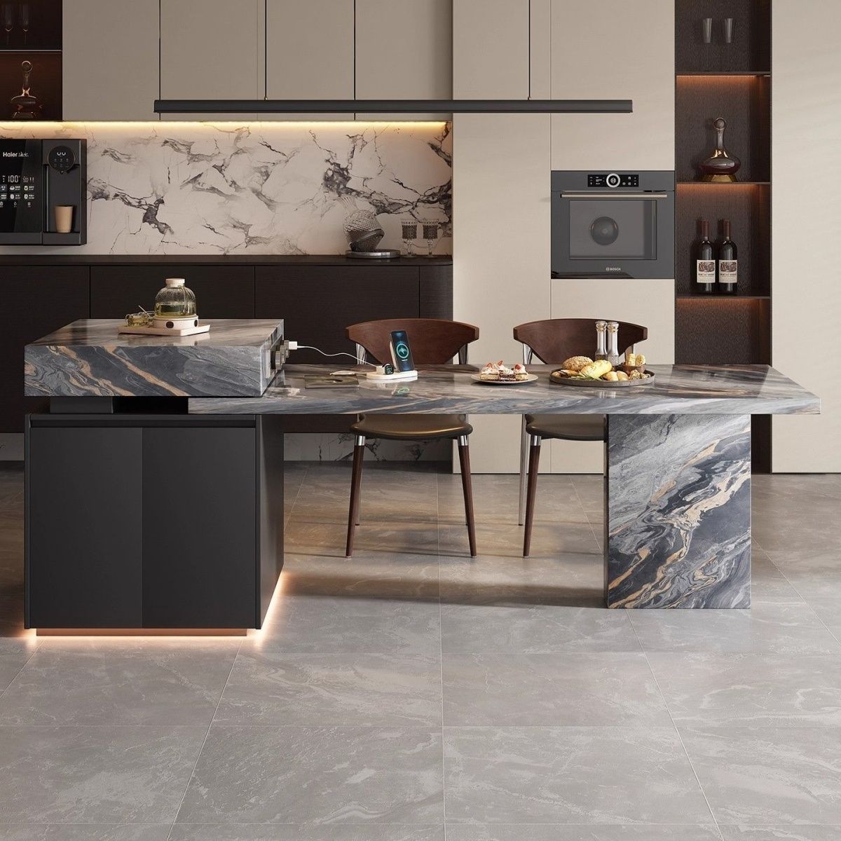 专属链接2025意式岩板岛台餐桌一体伸缩家用多