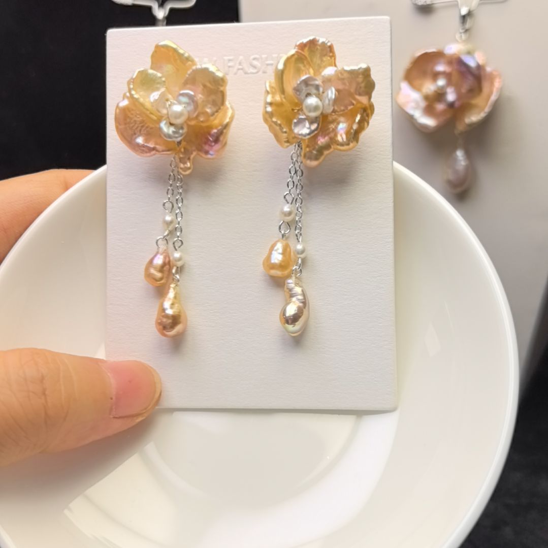 颈饰淡水珍珠银S925镶嵌耳钉