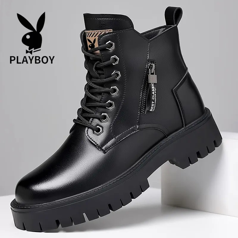 花花公子马丁靴男士增高2025新款秋冬英伦厚底短靴中高帮工装皮靴