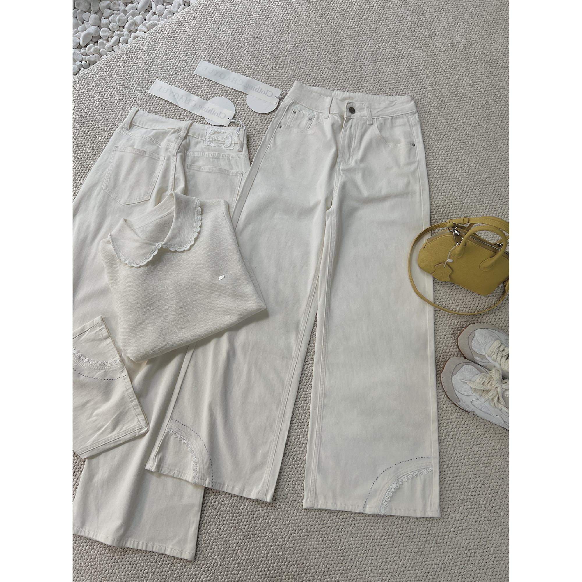 蕾丝边米白色阔腿直筒牛仔裤5216-6