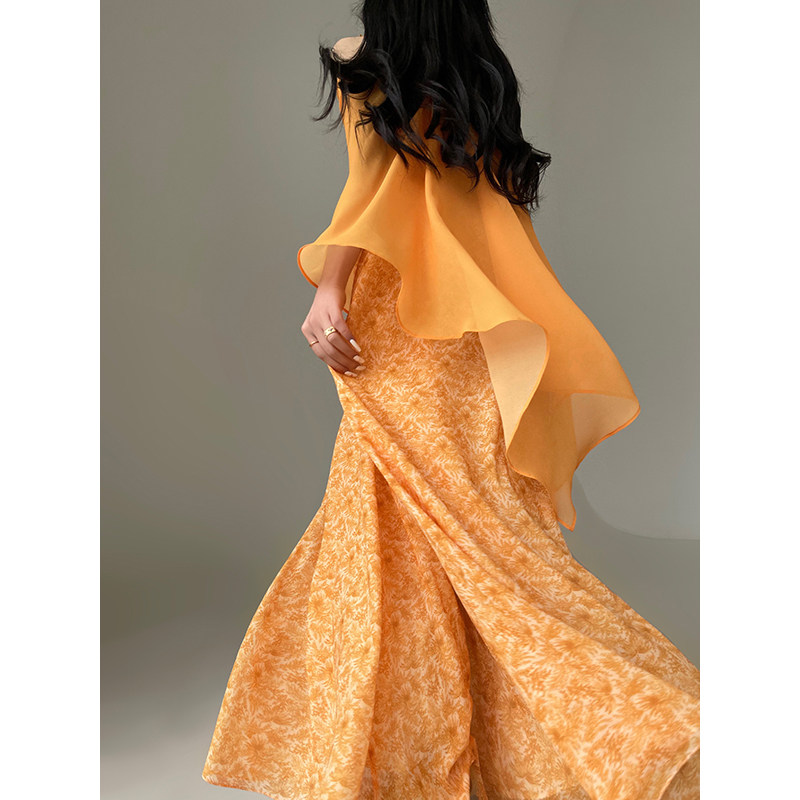 Aconiconi｜冰酿橙香 重工钉珠宽松度假大裙摆长裙套装披肩外套