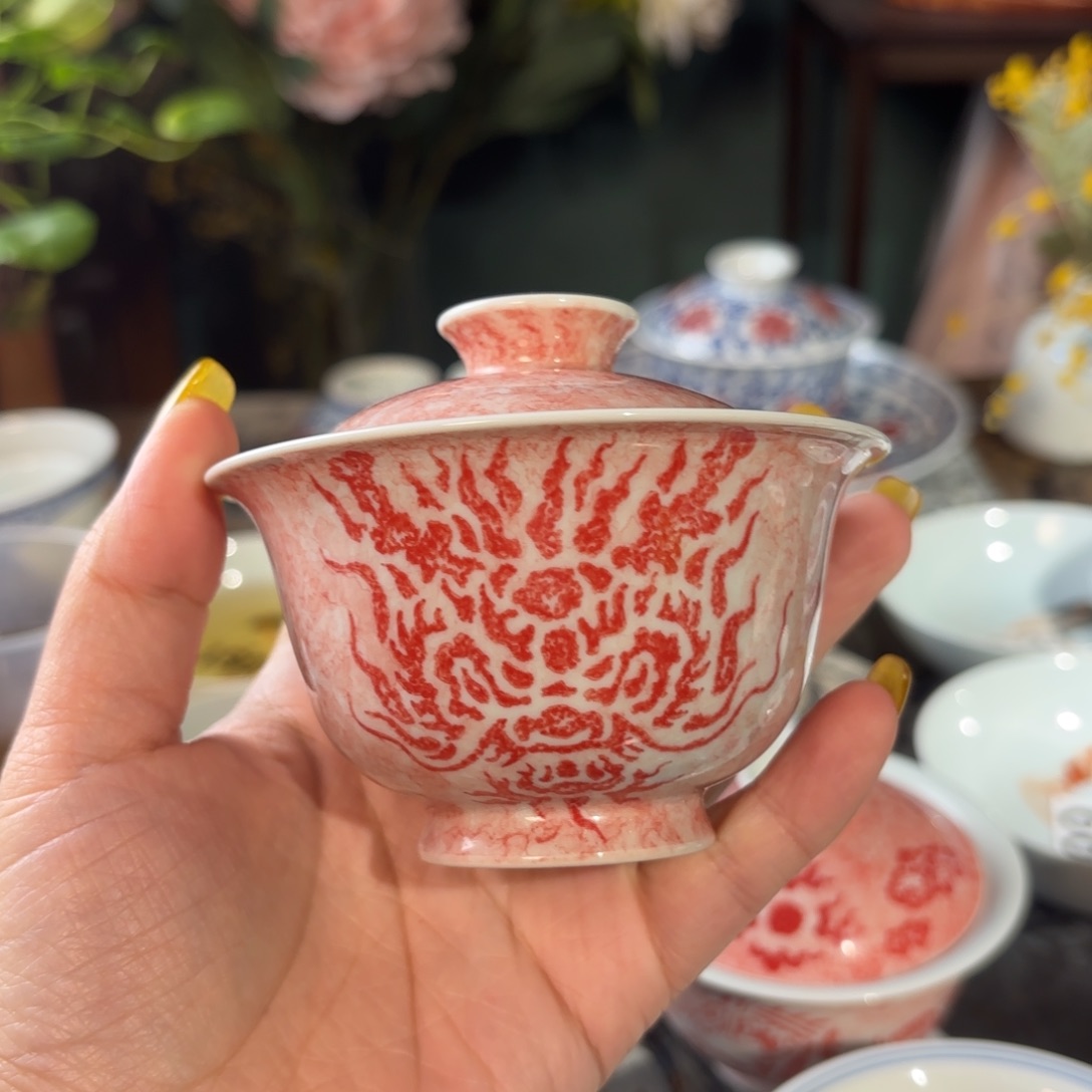 瓷青花手绘拓片龙盖碗