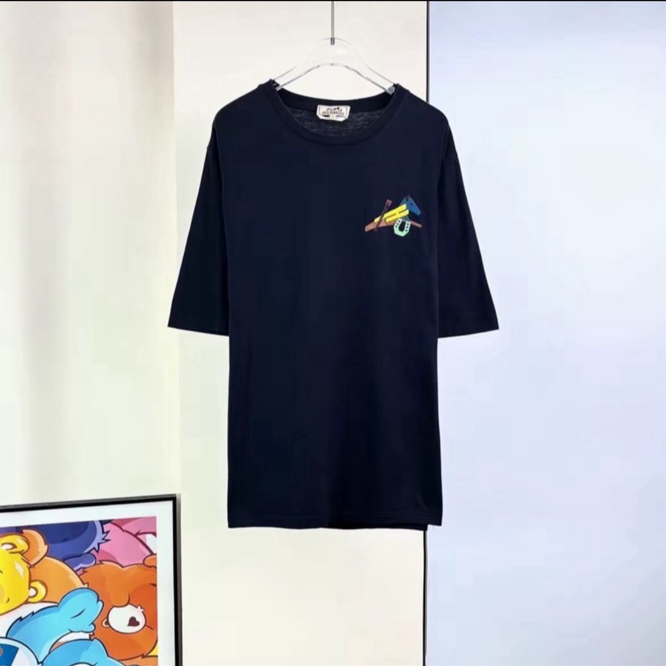 99新 Hermes/爱马仕 HZ爱马仕男款藏蓝色真皮小马图案短
