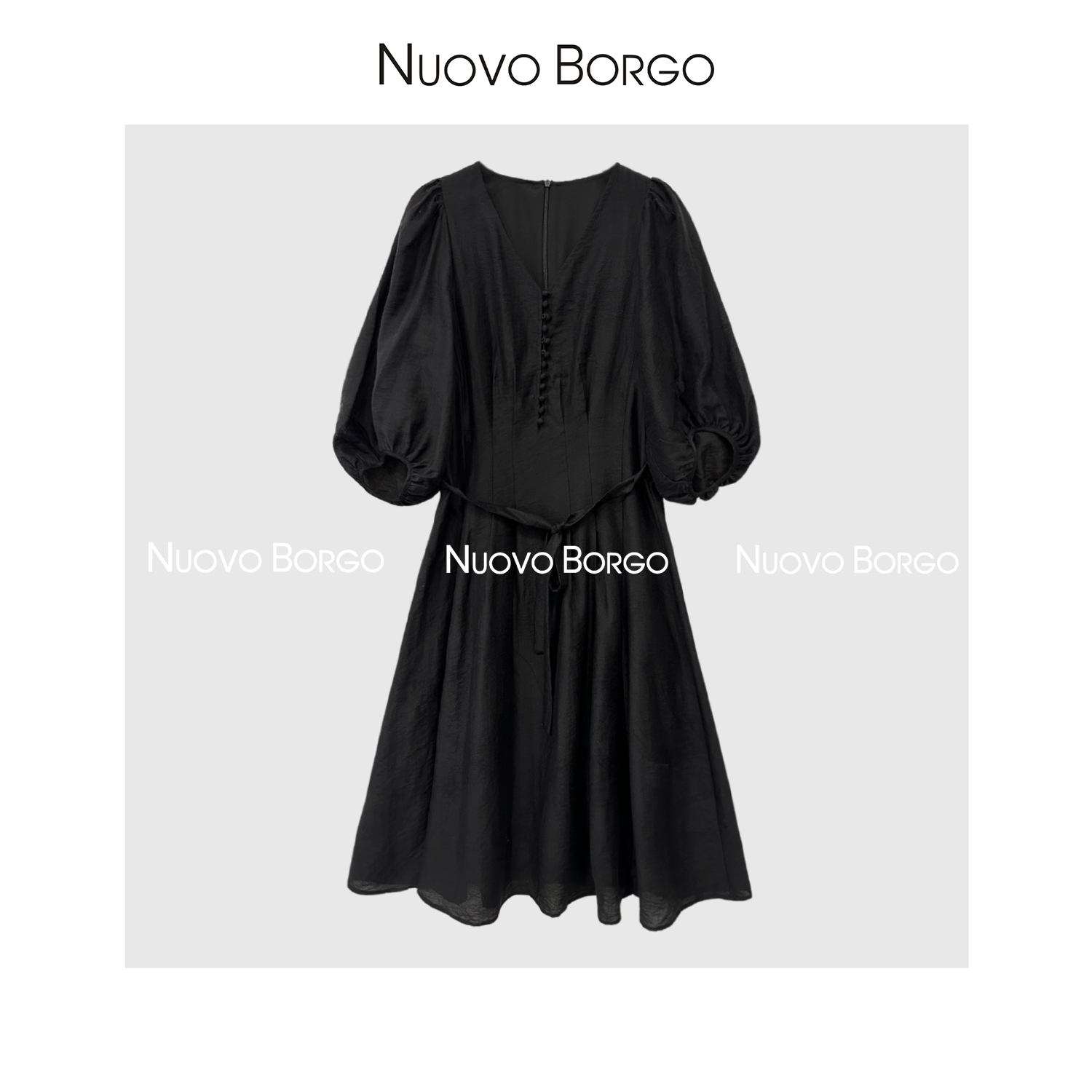 Nuovo Borgo 优雅V领系带收腰灯笼七分袖A字天丝连衣裙G172/80033