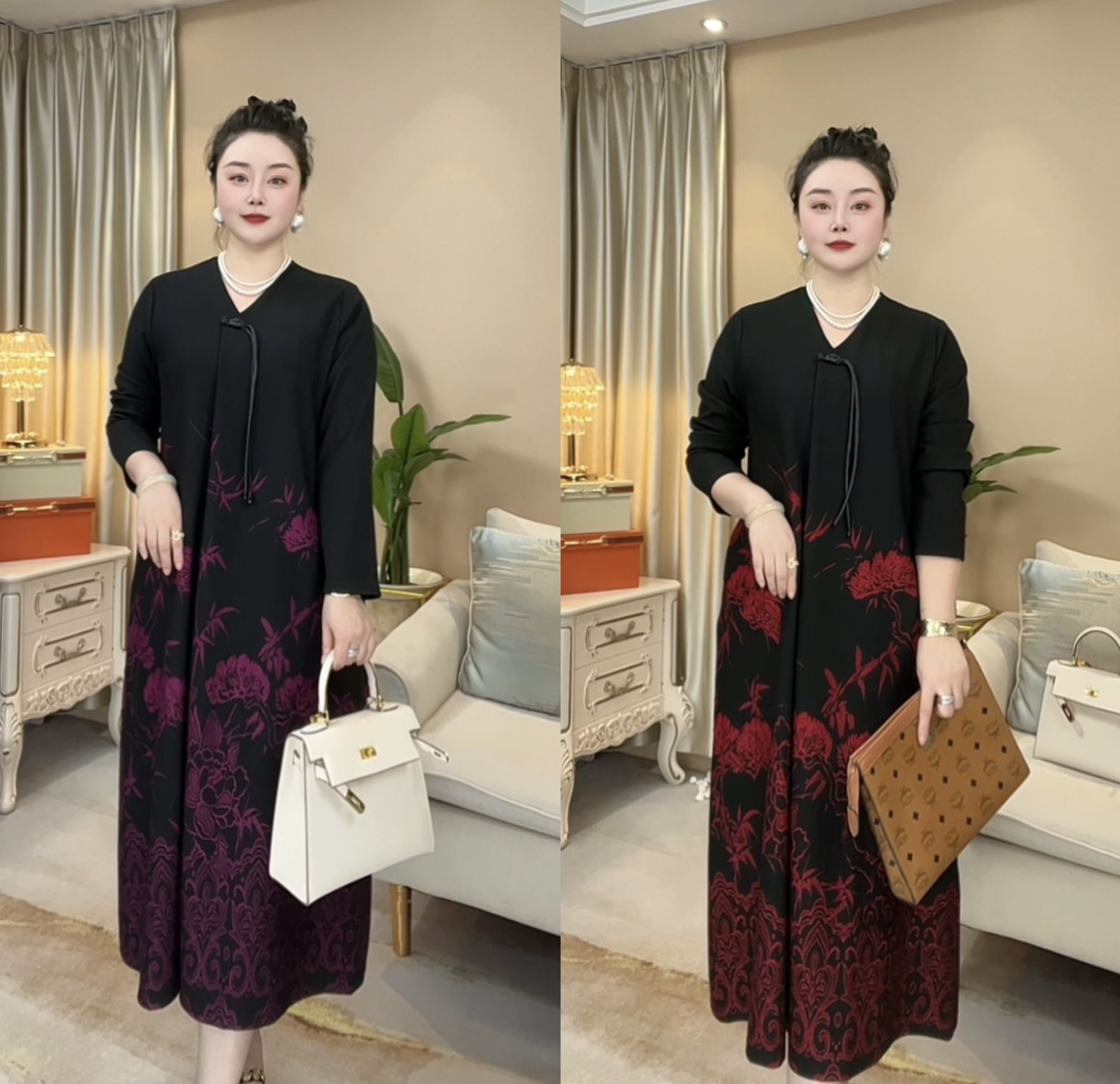 【萱画高定系列】XH681洋气妈妈显瘦宽松时尚V领中长连衣裙色织提花