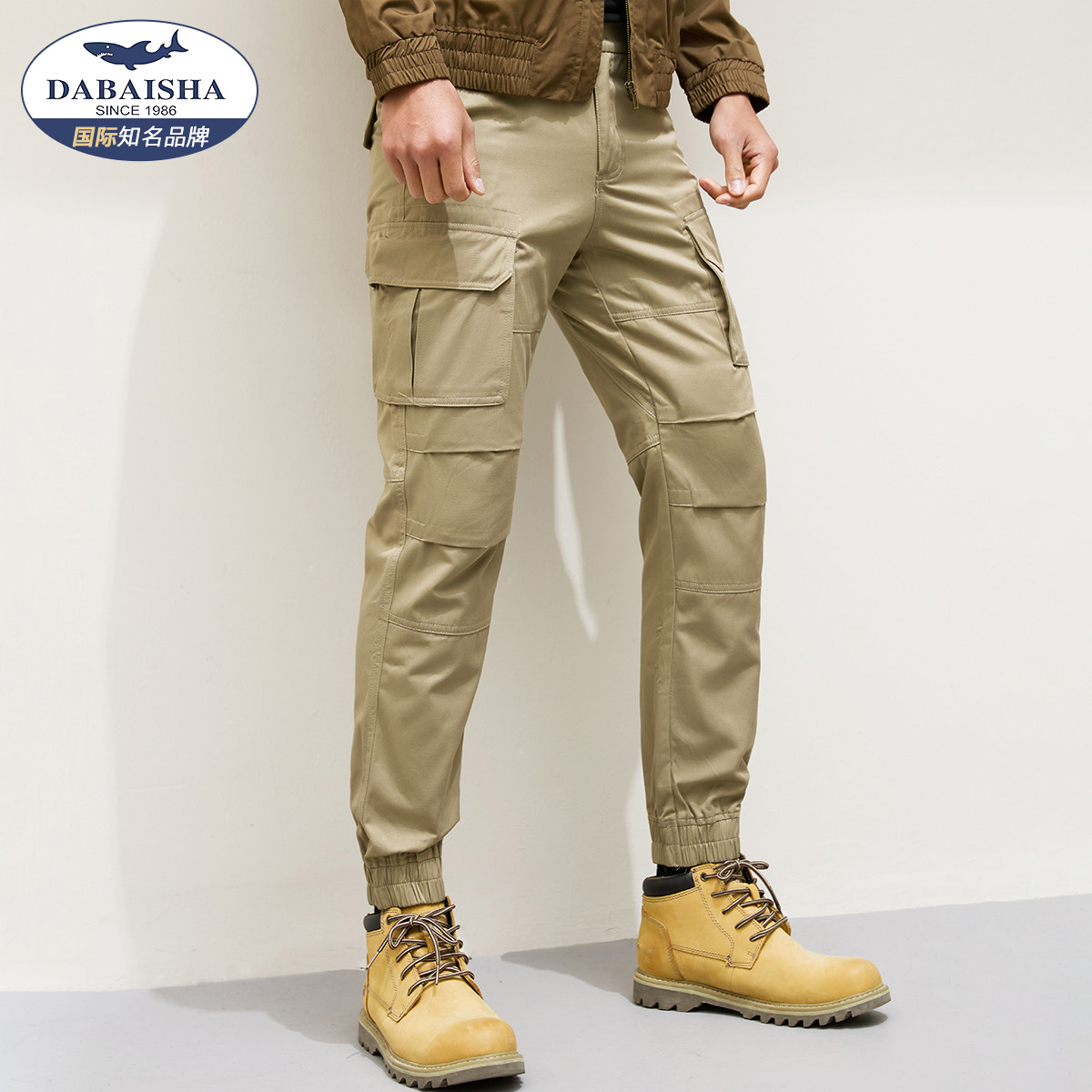 大白鲨春季男裤松紧腰束脚工装裤舒适透气裤子男式休闲裤男D19902