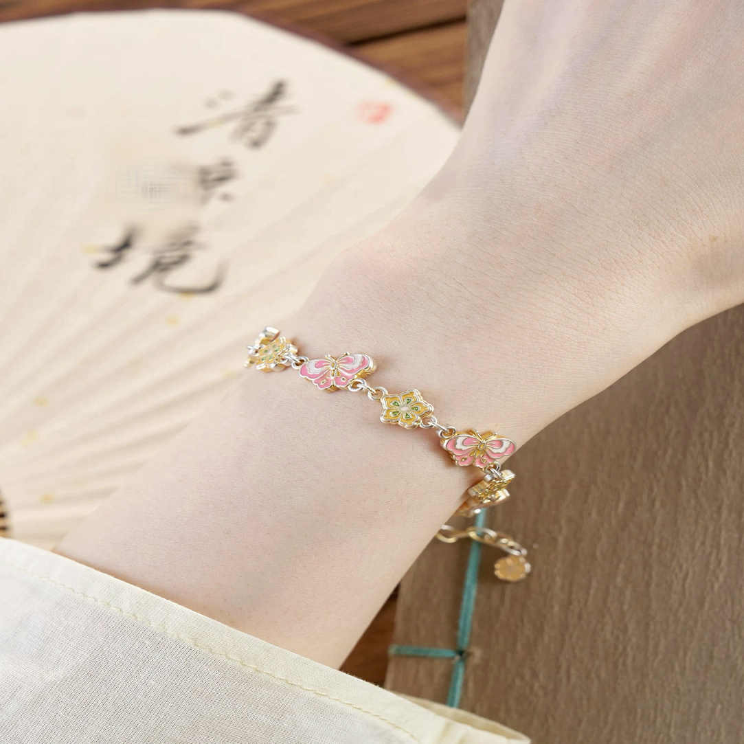 足银手链 足银999.9手链新中式国风珐琅描金蝴蝶手饰