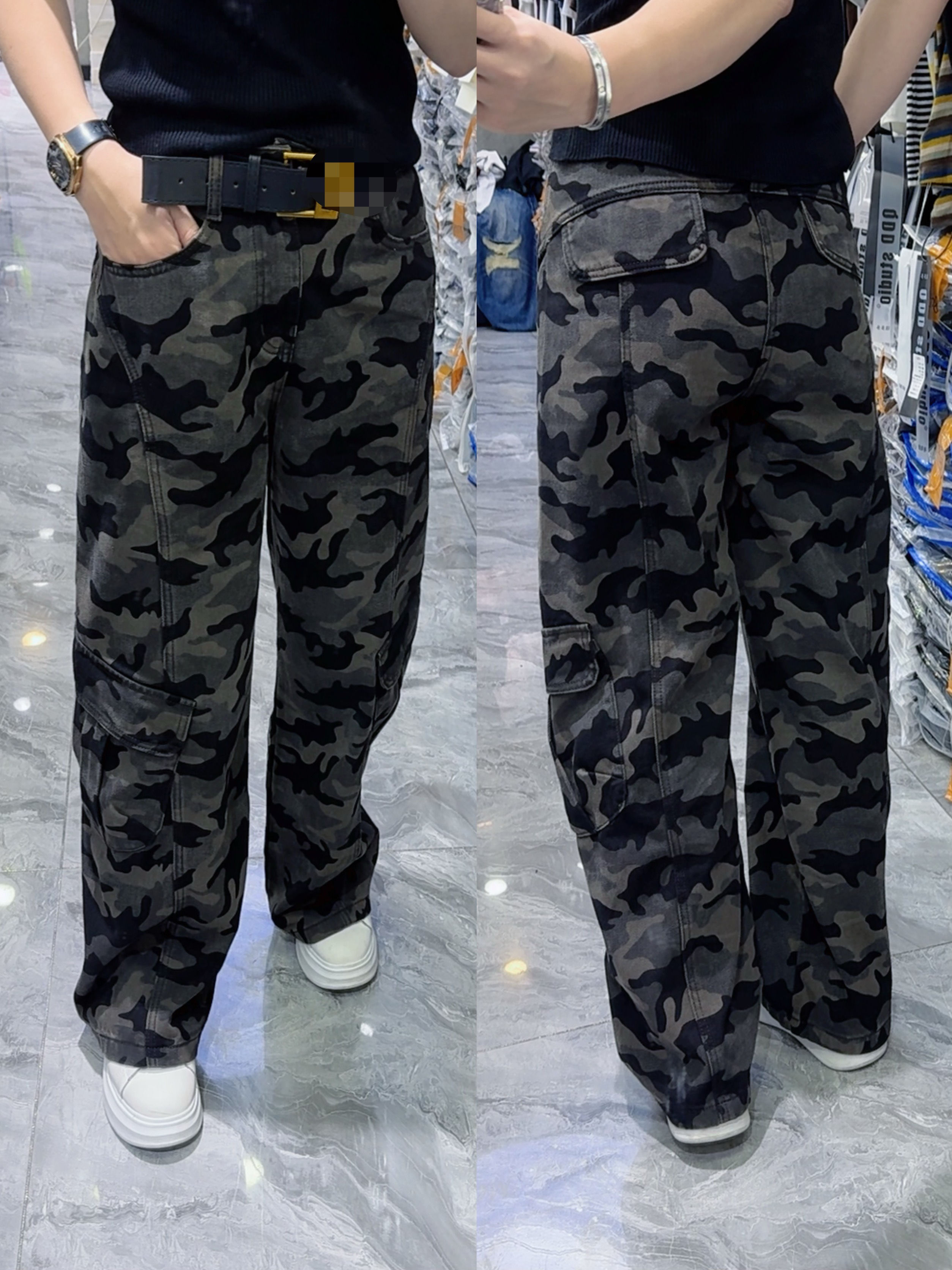 显瘦迷彩直筒阔腿牛仔裤女新款百搭潮流2087