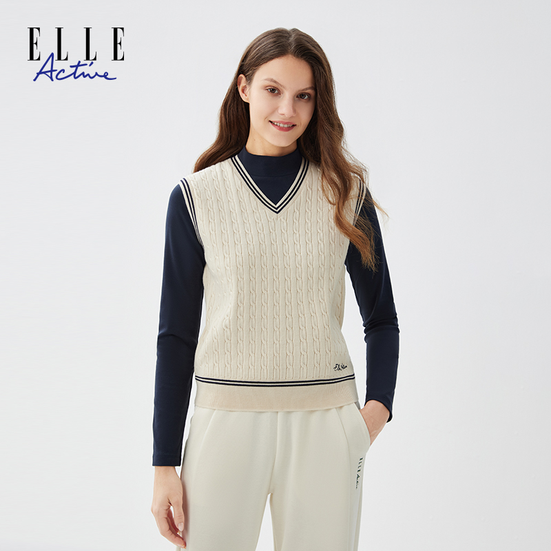 ELLE Active经典V领毛织背心立体编织纹理无袖马甲休闲运动女上衣