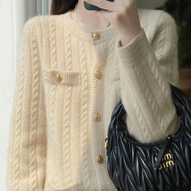 【100%超细羊毛】100纯羊毛衫女气质显瘦加厚圆领开衫小香风