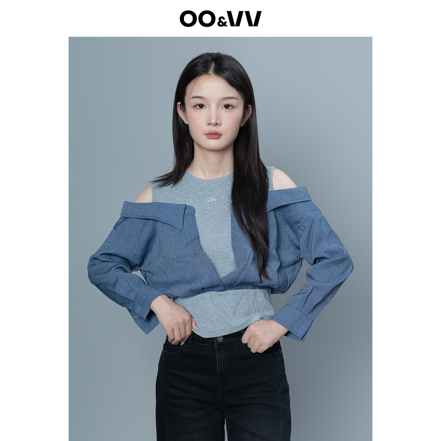 OO&VV新款小衫超好看独特漂亮洋气设计感蓝色露肩假两件衬衫25秋