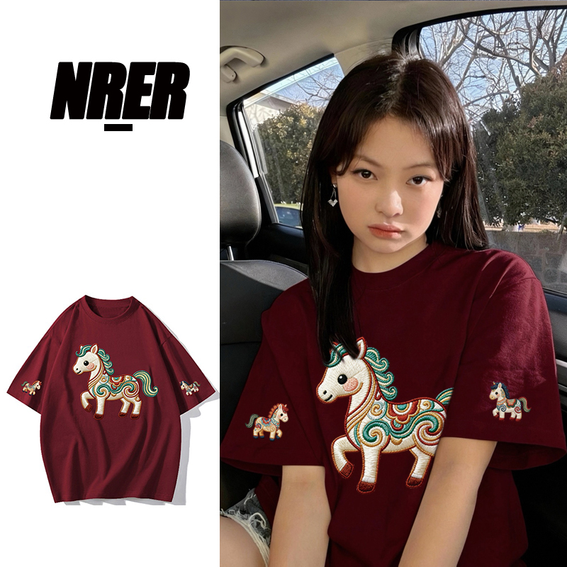 FNFE新春小马纯棉男女同款宽松版港风夏季短袖t恤韩版圆领体恤