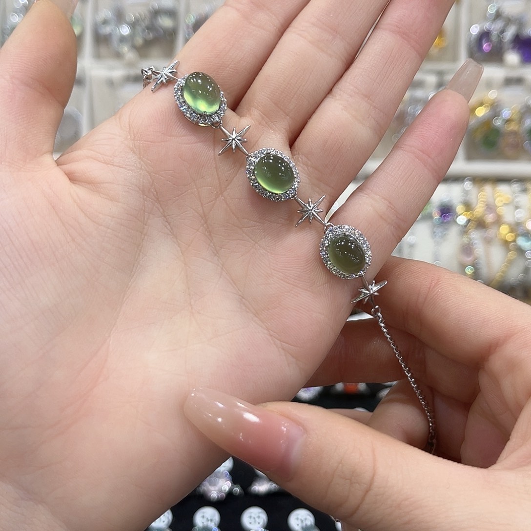 幸***张蛇纹石玉银S925镶嵌手链