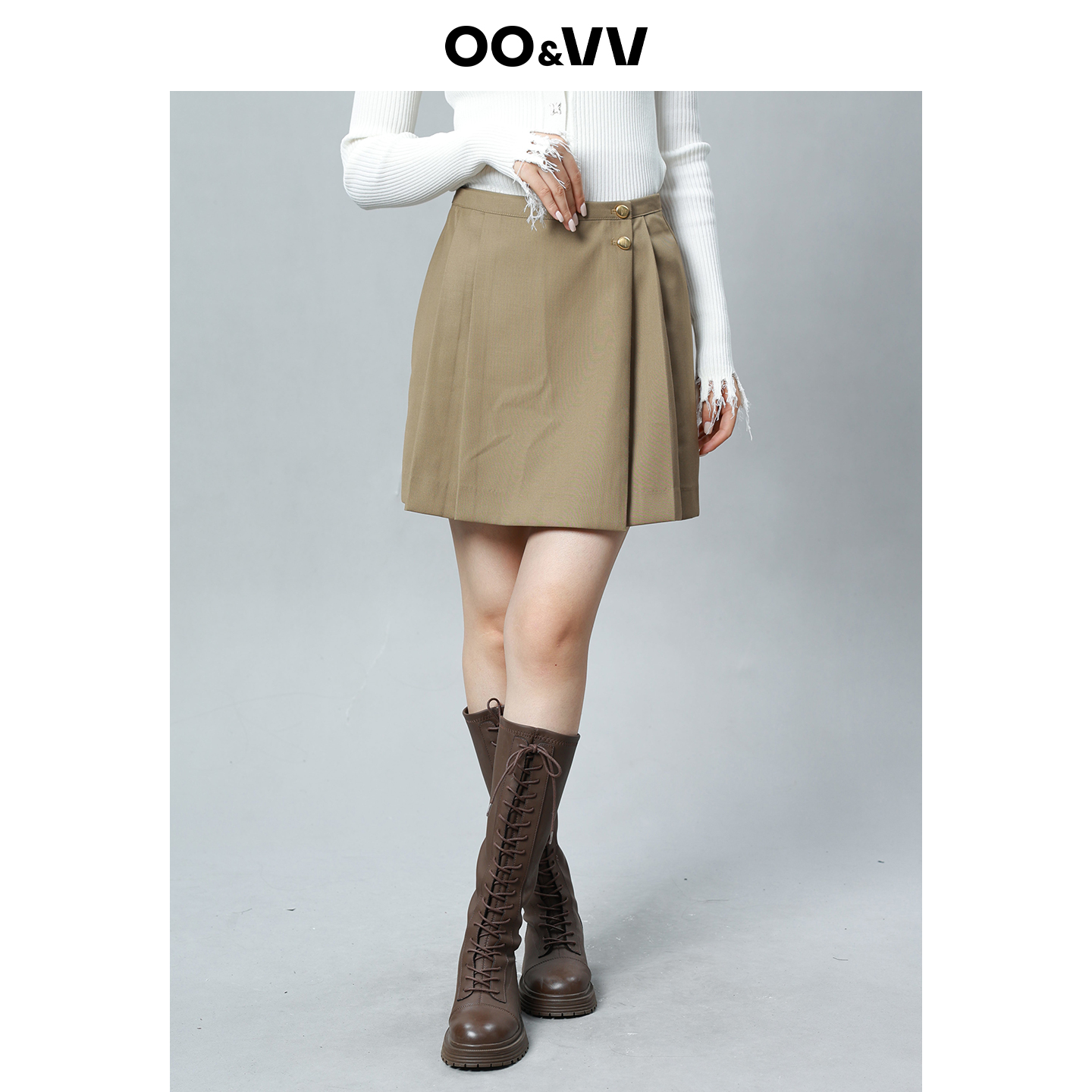 OO&VV2025秋冬季新款显瘦A字裙卡其色褶皱高腰包臀藏肉半身裙女