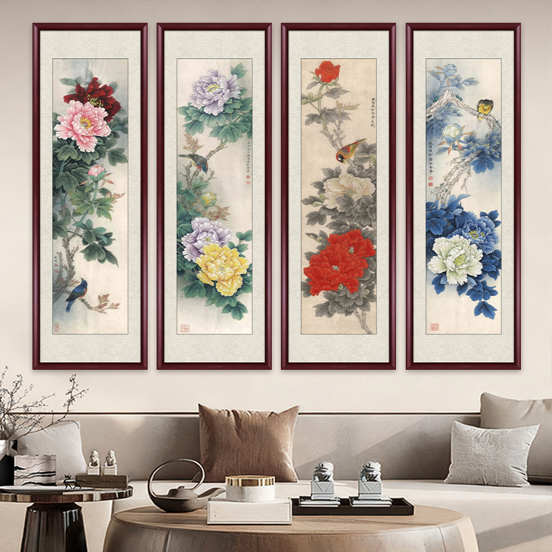 花开富贵喜上眉梢带框挂画客厅背景墙竖版花鸟墙壁画四联屏装饰画