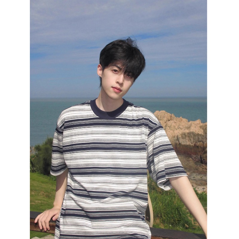 藏青色条纹短袖男款夏季美式复古圆领t恤cleanfit重磅纯棉半截袖