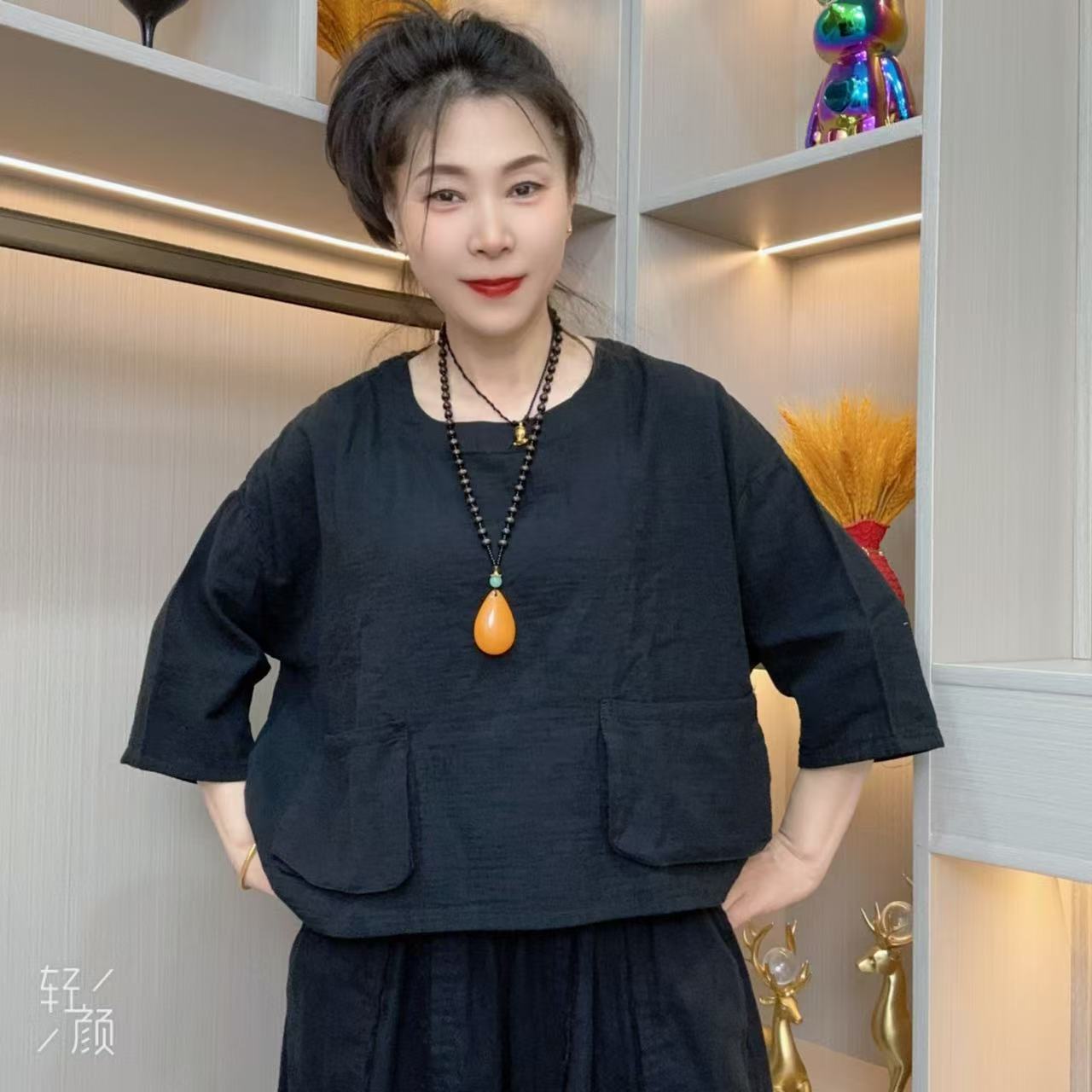 2025年夏季新款时尚七分袖女士上衣显瘦宽松纯色百搭休闲大码