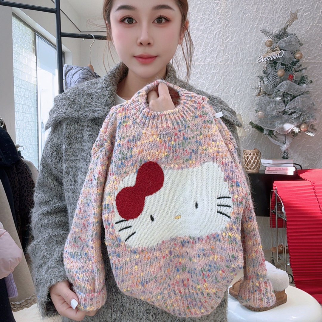 女童针织衫2026春节新款圆领跨年甜美厚款猫咪小香风毛衣百搭韩版