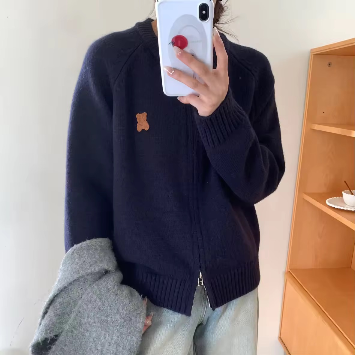 玲姐定制-双拉链简约质感小熊图案款休闲百搭针织开衫470235