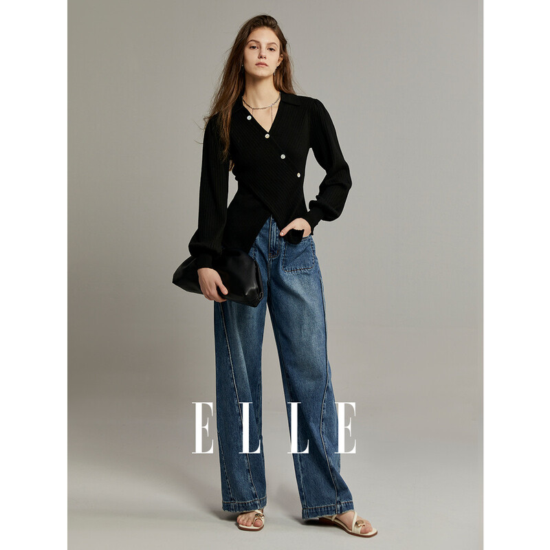 ELLE翻领v开口交叉下摆设计毛衣23年秋季法式时尚优雅风EM34210