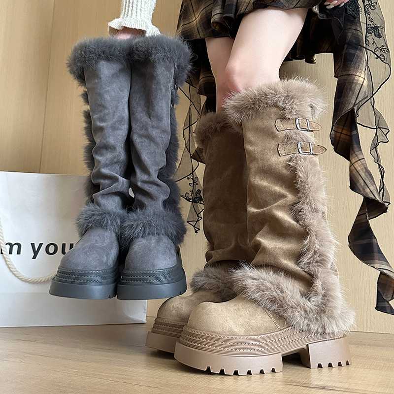 复古厚底增高长筒雪地靴女2025新款秋冬加绒高筒长靴子显瘦骑士靴