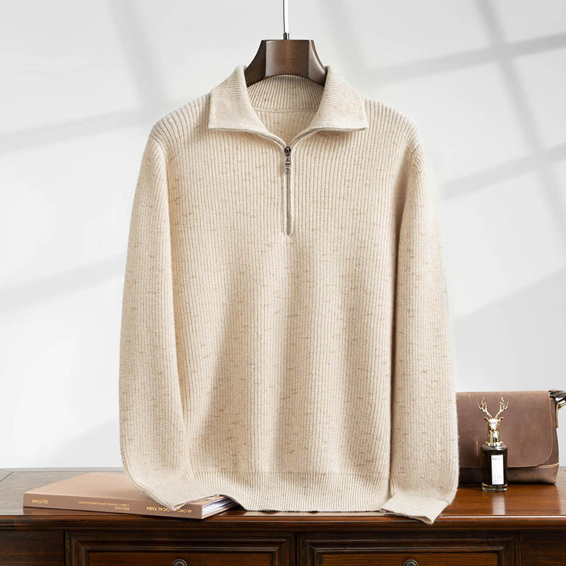 【秋冬上新】男士纯山羊绒璀璨星空元宝针半拉链可翻领针织套头衫