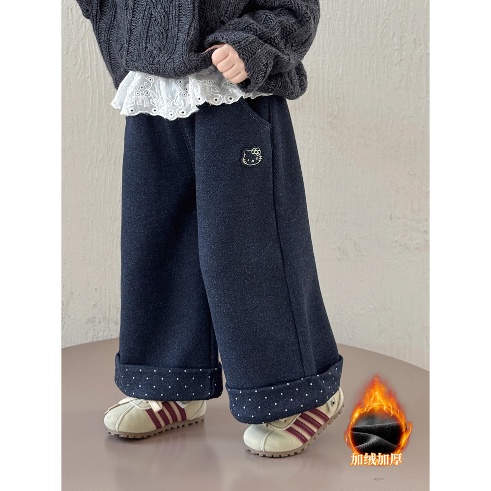 女童加绒裤子秋冬款2025新款洋气女孩宝宝阔腿裤儿童一体绒直筒裤