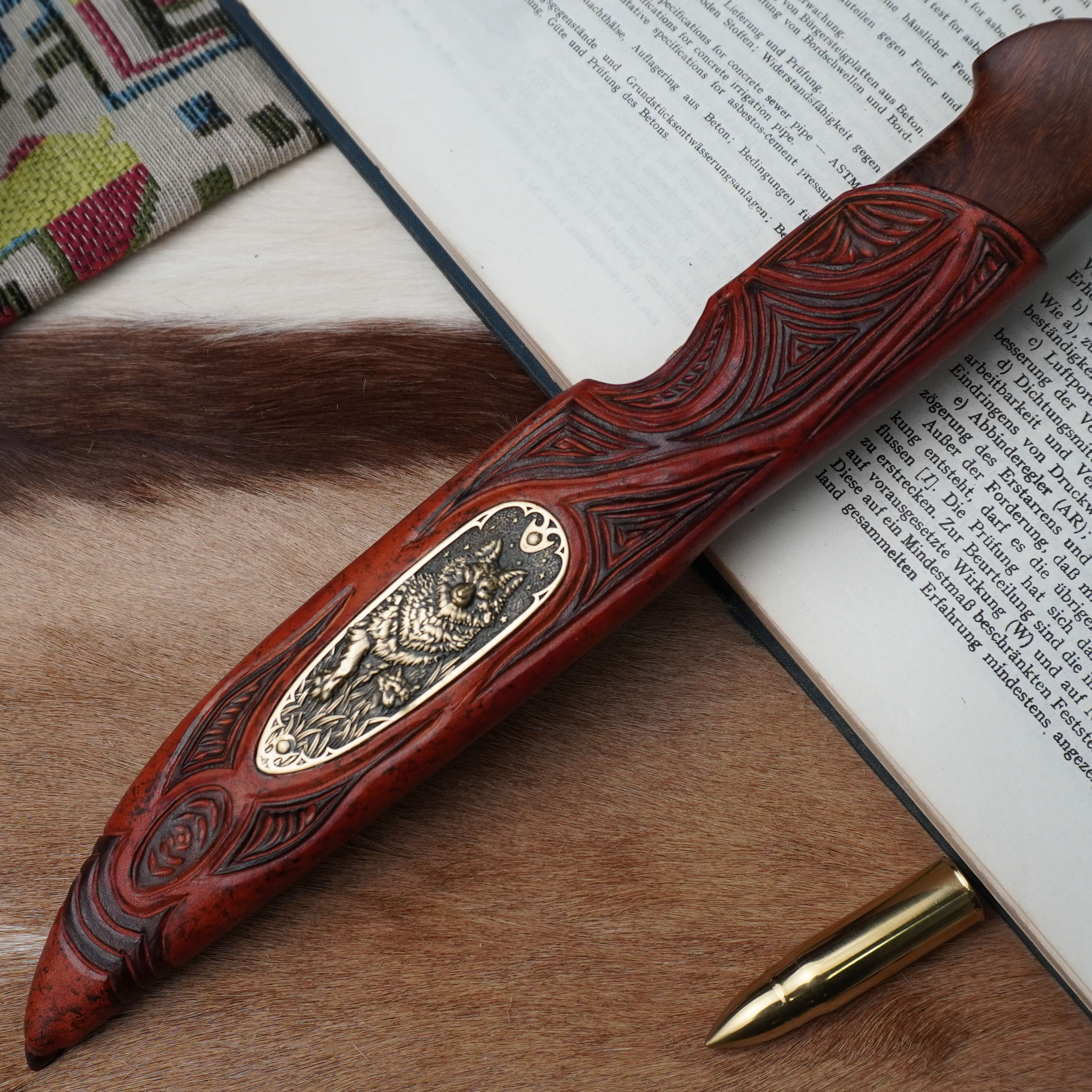 钱塘锻冶拼接大马士革钢天狼户外水果刀