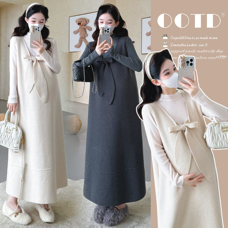 YNVO时尚~秋冬孕妇韩版设计感蝴蝶结针织背心裙半高领打底套装