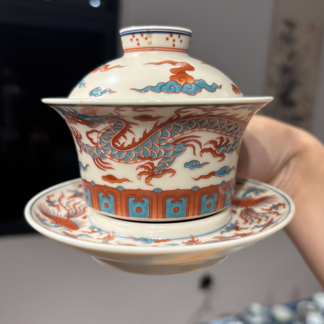 景德镇陶瓷红绿彩龙凤盖碗