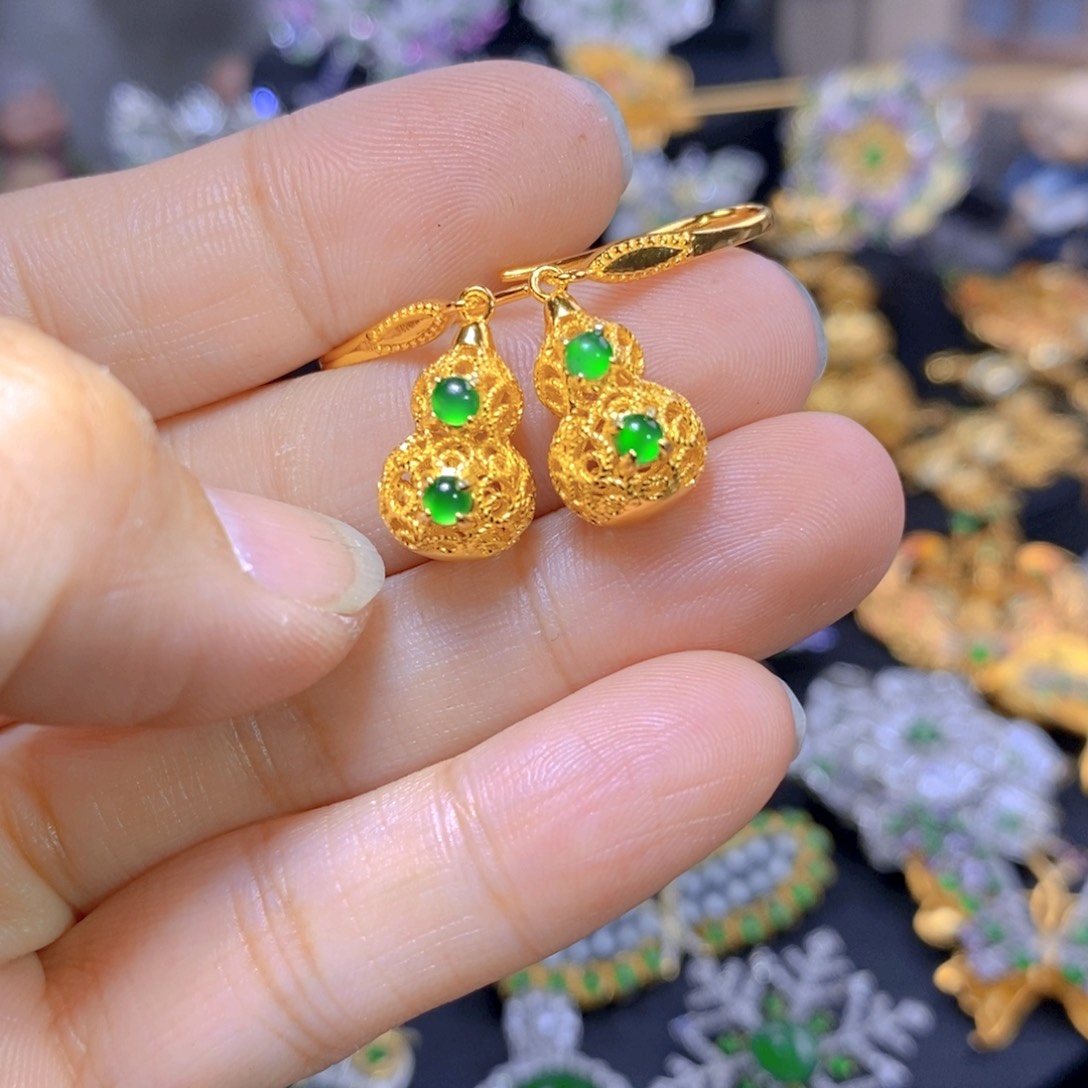 翡翠耳钉银S925镶嵌天然翡翠