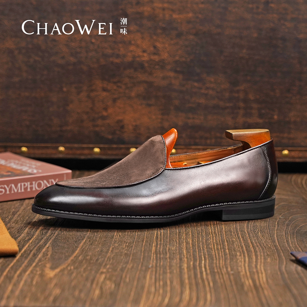 新款手工缝线牛皮拼接羊京乐福豆豆鞋时尚休闲防滑软底B801