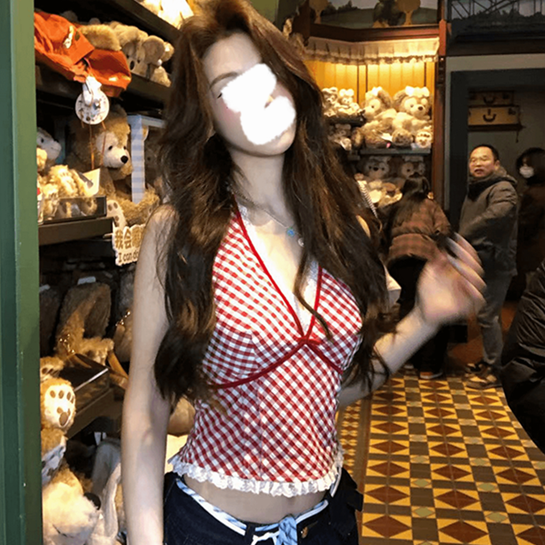 INS CEC红色格子气质蕾丝拼接吊带背心女夏辣妹内搭外穿上衣